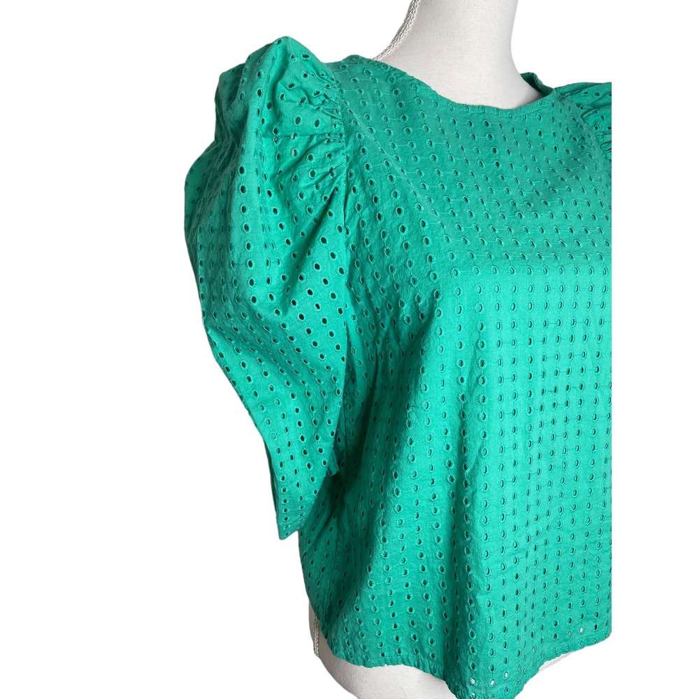 A New Day Green Eyelet Fitted Puff Sleeve Top SZ S - Picture 2 of 4